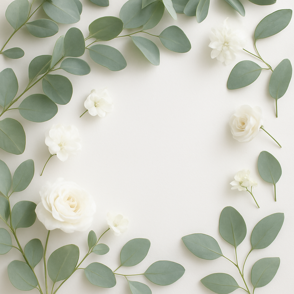 Arranjo de folhas de eucalipto e flores brancas